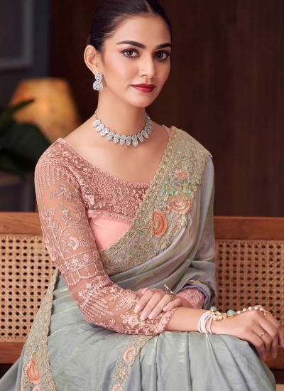Metal Blue Satin Georgette Saree with Stitched Satin Silk Blouse – Wedding & Reception Saree USA