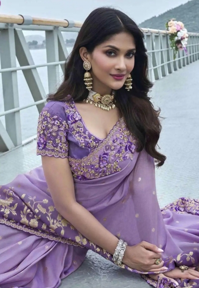 Women's Satin Lavender Embellished Designer Saree With Blouse Piece
