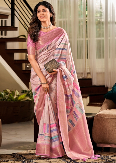 Rose color digital print hanloom silk wedding wear saree 166001