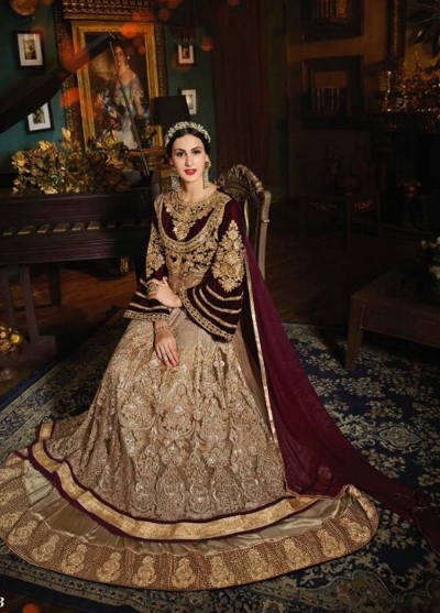 Beige and maroon  color net and velvet  wedding wear anarkali
