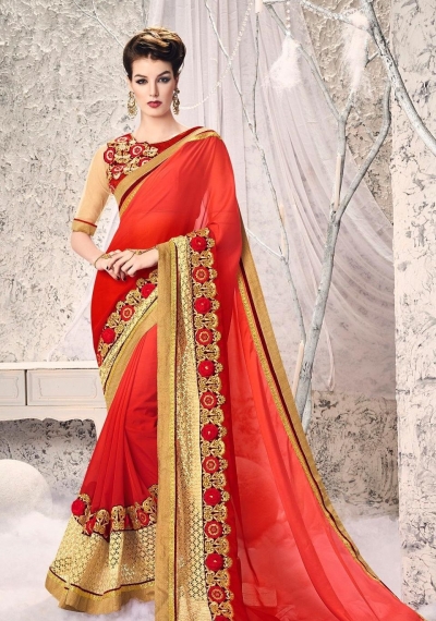 Party-wear-Tomato-Red-Gold-color-saree