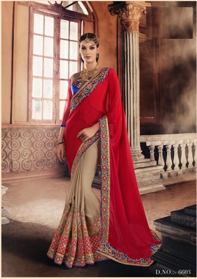 Party-wear-Chikoo-Red-color-saree