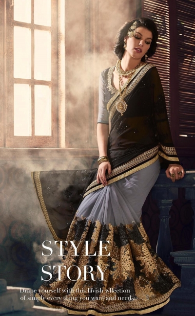 Party-wear-Black-Grey-color-saree