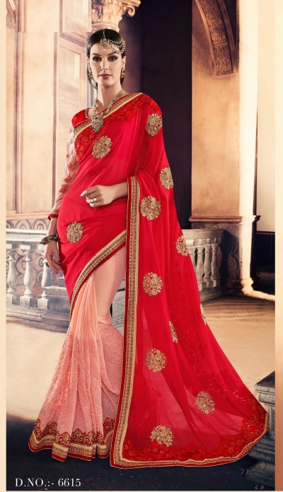 Party-wear-Red-Peach-color-saree