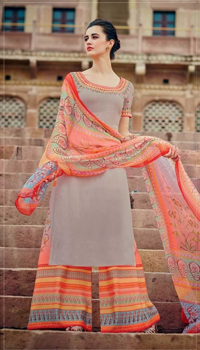 Grey and orange color cotton palazzo salwar kameez