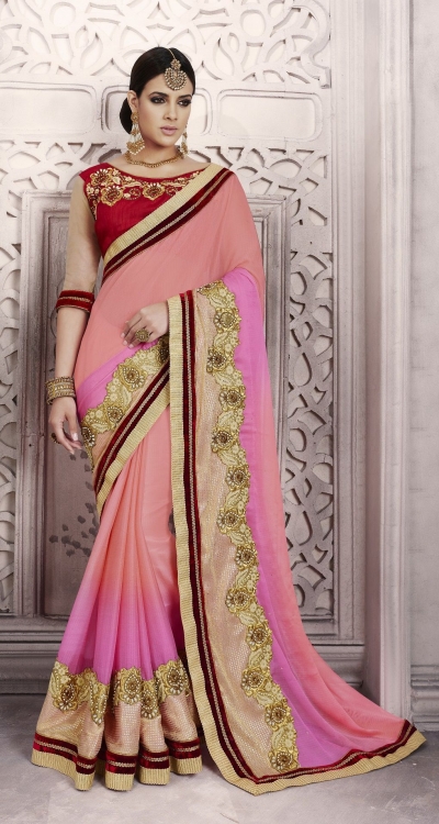 Party-wear-peach-pink-red-color-saree