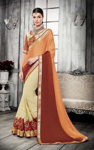 Party-wear-orange-yellow-brown-color-saree