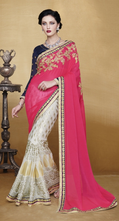Party-wear-Punch-Pink-White-color-saree