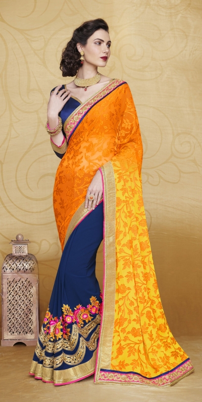 Party-wear-Orange-blue-color-saree