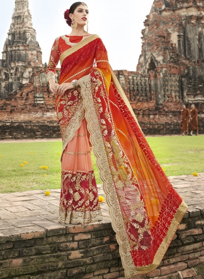 Red and pink wedding wear saree