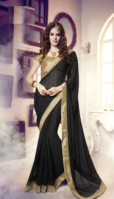 Party-wear-black-gold-color-saree