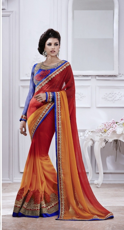 Party-wear-Orange-Red-Blue-color-saree