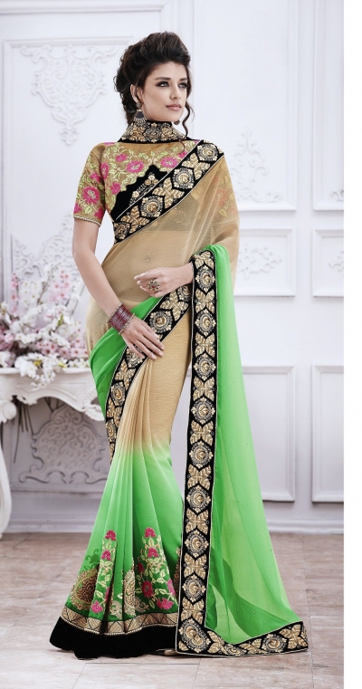 Party-wear-Green-Chikoo-color-saree