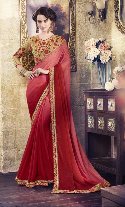 Party-wear-pinky-red-beige-color-saree