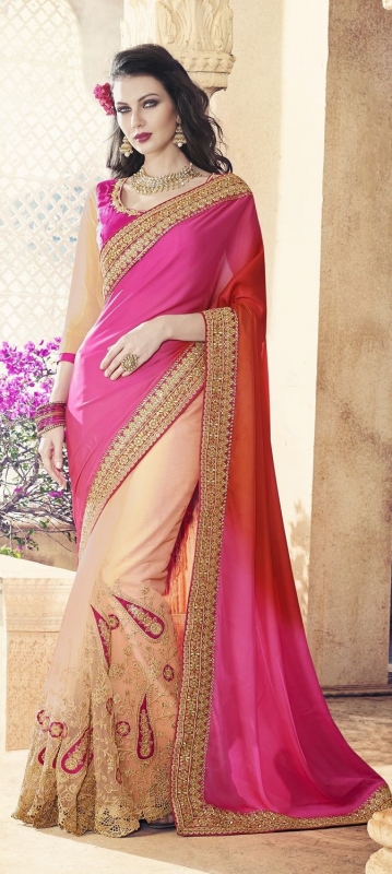 Party-wear-Chikoo-Pink-Orange-color-saree