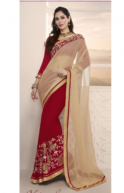 Party-wear-red-gold-color-saree