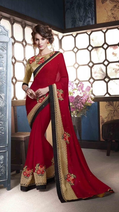 Party-wear-gold-red-beige-colour-saree