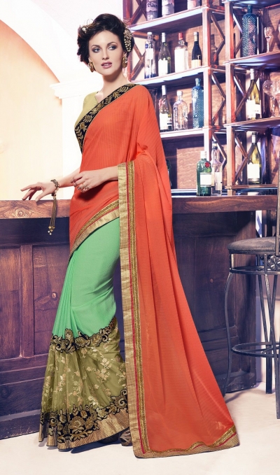 Party-wear-green-red-color-saree