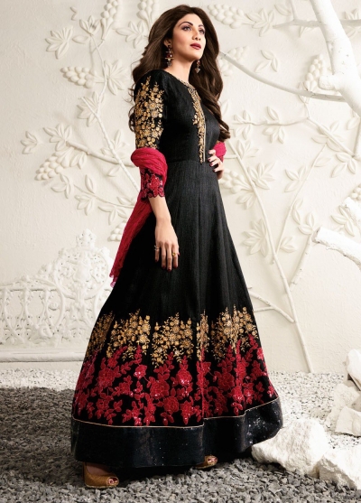 Shilpa shetty black color raw silk party wear kameez