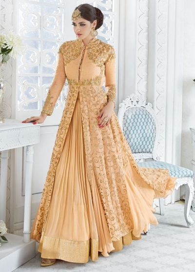 Gold color georgette wedding ghaghara and pant style 2 in 1 suit