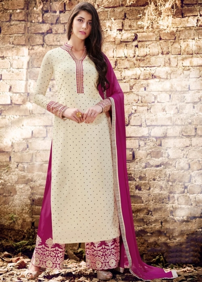 Off white color georgette straight cut salwar kameez