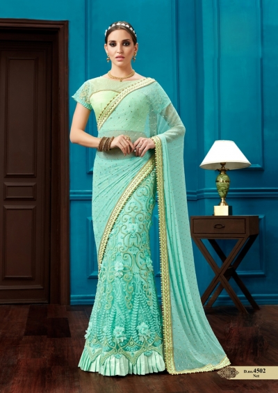 Aqua green knitted net wedding lehenga saree