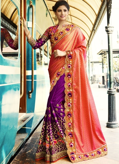 Pink and purple crepe silk and bangalori silk wedding wear saree