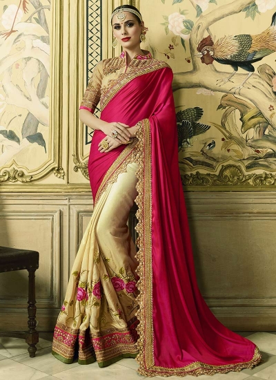 Pink and cream crepe satin and art silk wedding wear saree