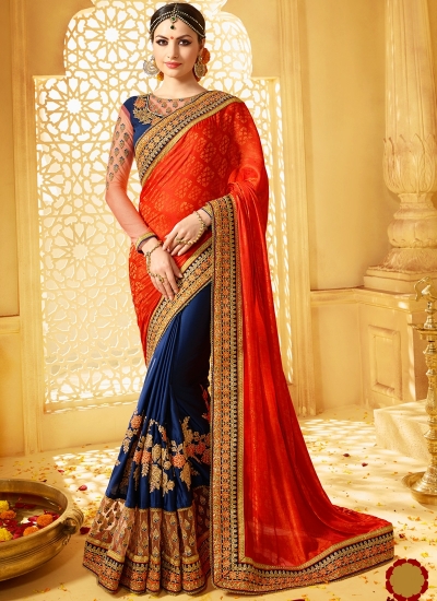 Orange and blue banarasi jacquard and jacquard wedding wear saree
