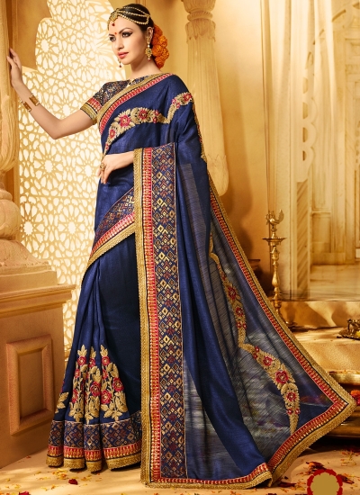 Navy blue art silk wedding wear saree