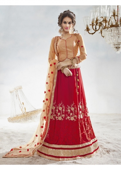 Red Colored Embroidered Faux Georgette Festival Lehenga Choli 82020
