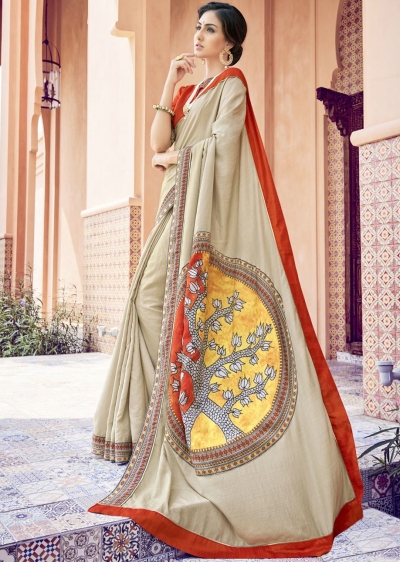 Beige Colored Printed Art Silk Officewear Saree 5102