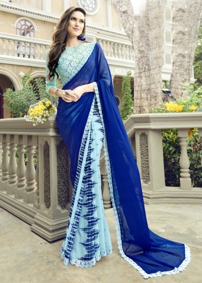 SkyBlue Colored Printed Chiffon Georgette Officewear Saree 2101