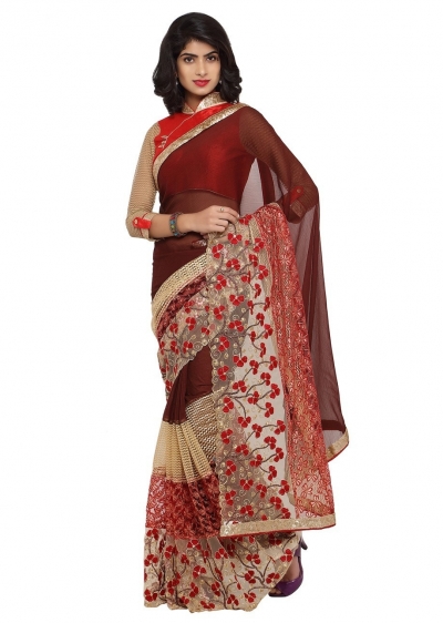 Brown Colored Embroidered Faux Georgette Net Saree 96056