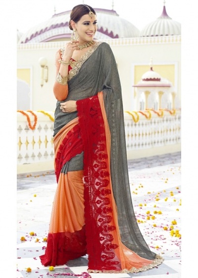 Grey Colored Embroidered Faux Georgette Festive Saree 96064