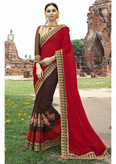 Brown Colored Embroidered Faux Georgette Festive Saree 87073