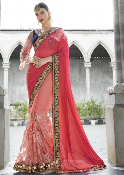 Peach Colored Border Worked Chiffon Net Partywear Saree 1045
