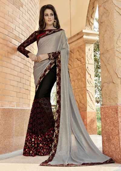 Black Colored Embroidered Chiffon Net Partywear Saree 97060