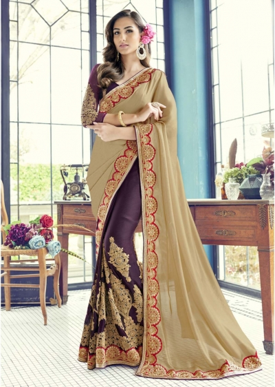 Purple Colored Embroidered Faux Georgette Partywear Half n Half Saree 1502