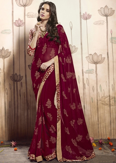 Red Colored Printed Faux Georgette Saree 31025 