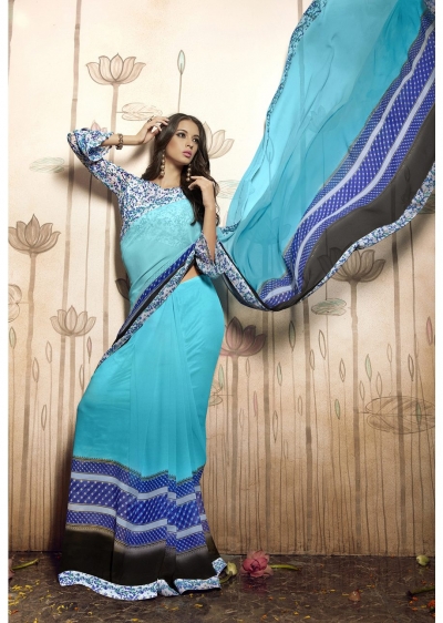 SkyBlue Colored Printed Faux Georgette Saree 31028 