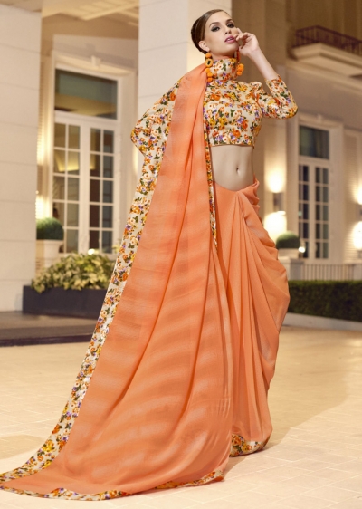 Orange Chiffon Border Worked Saree 1024