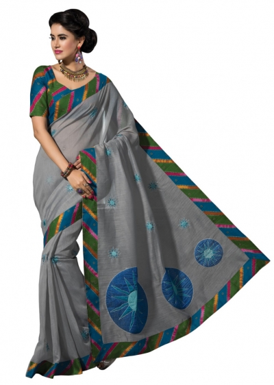 Grey Colored Embroidered Blended Cotton Saree 175