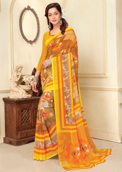Yellow Colored Printed Faux Georgette Saree 89012