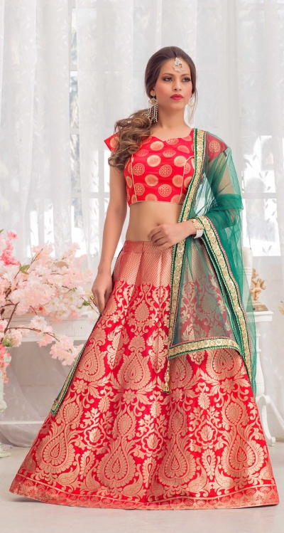 Party Wear Pure Silk Rani Pink Green Lehenga k106