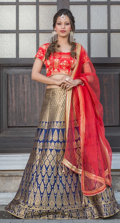 Party Wear Pure Silk Blue Red Lehenga k108