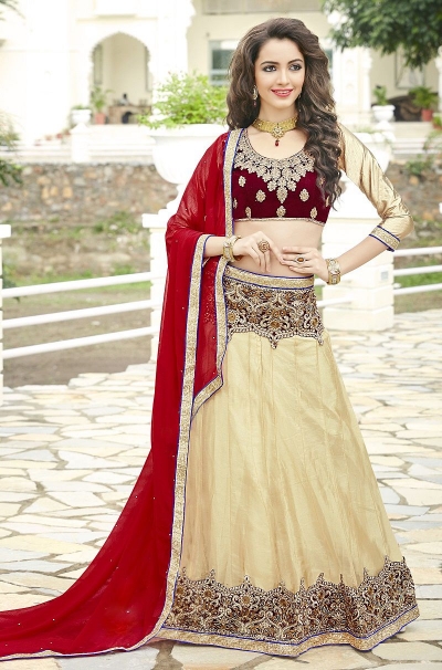 Party Wear Red Maroon Biege Color Lehenga 7211