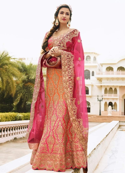 orange n pink art dupion silk wedding lehenga 13053