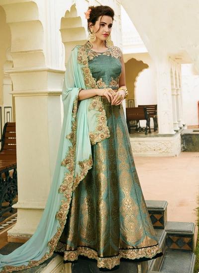 turquoise banarasi silk wedding lehenga 13057