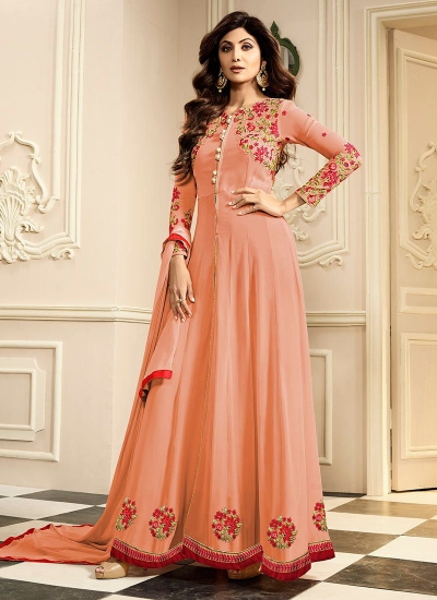 shilpa shetty peach georgette straight pant suit 10014